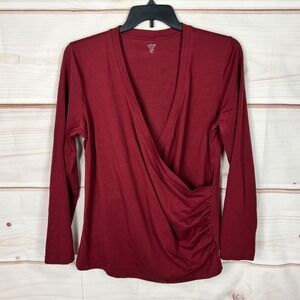 Love By Gap Top Womans XL Red Nursing T-Shirt Faux Wrap Long Sleeve Cotton Solid